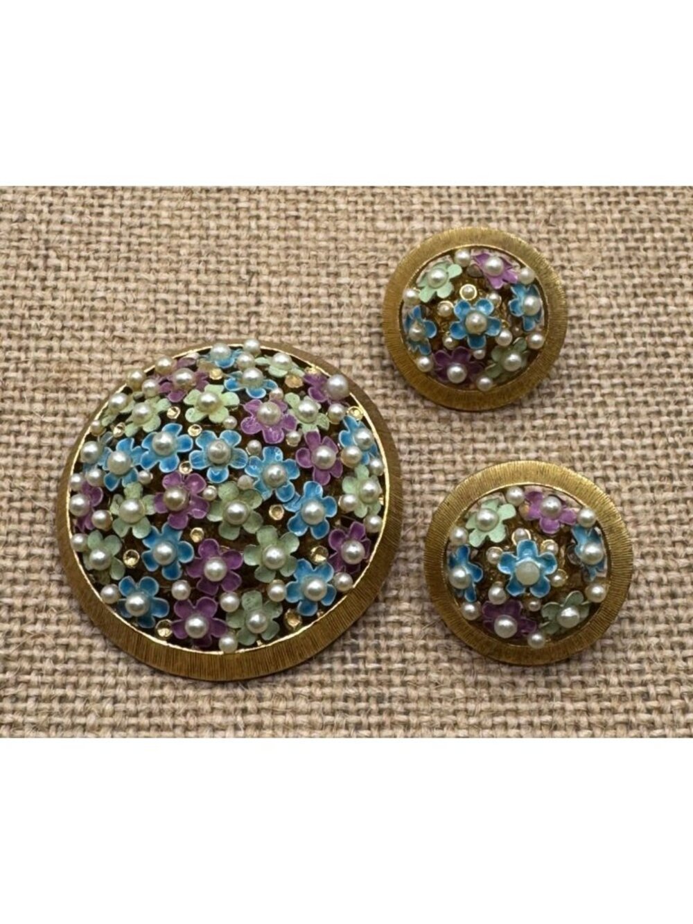 Gold-Tone Floral Brooch Clip-On Earring Set With Pastel Enamel Faux Pearl Vtg